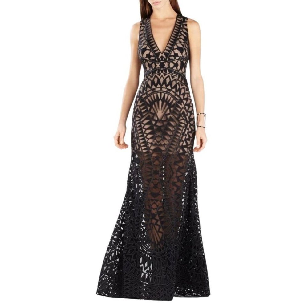 BCBG MAX AZRIA MARANDA burnout lace MAXI DRESS GOWN $750 aj